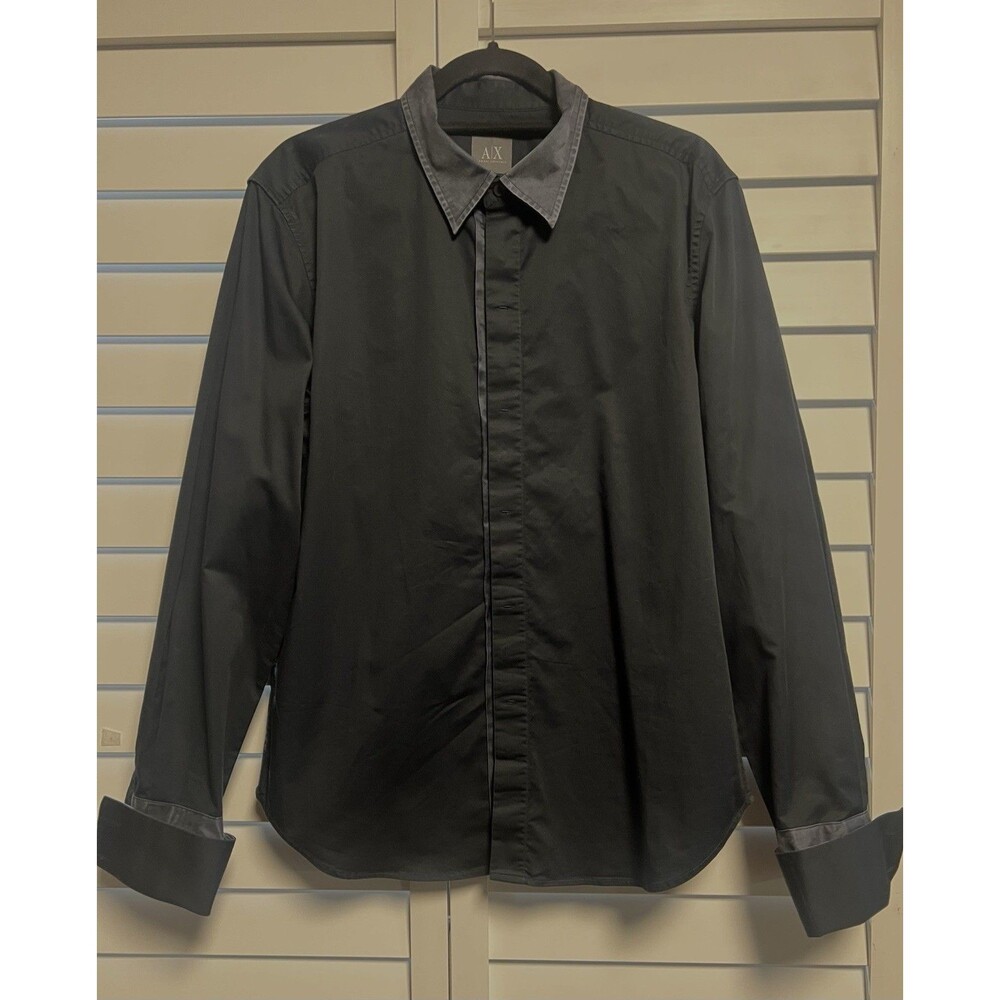 Armani Exchange Men shirt L Slim Fit French Cuff Contrast Collar Button Up black